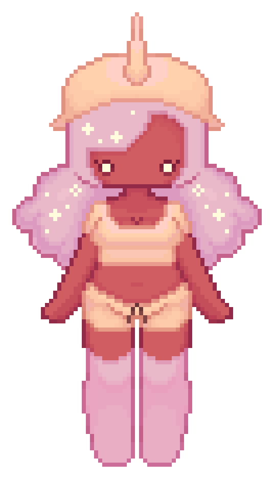 Pixel art of my original character Monocerus with an altered color palette: His hair and socks is a dusty pink, and his helmet, shorts and crop top