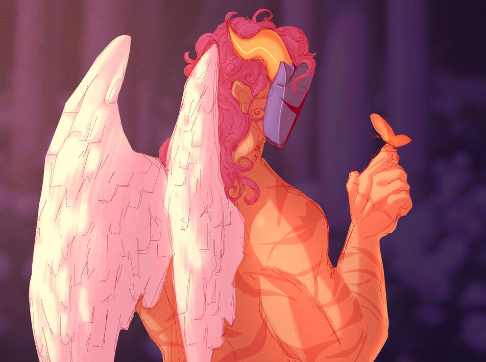 a buff gijinka of Galacta Knight from the Kirby franchise. He has a quite familiar butterfly on his hand