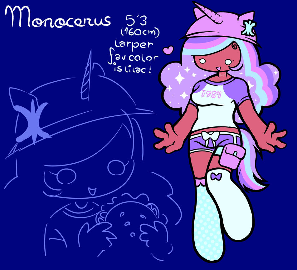 A darker skinned character with sparkling light purple curly hair wearing a shirt that says 1984, some shorts + socks with fun patterns on them, a helmet with a unicorn horn and a tail