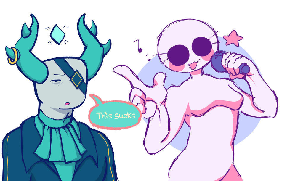 Zakuro, a white stickman with googly black eyes singing and right next to her is Medkit from phighting, with fancy teal and gold clothing, an eyepatch, deer like slightly desaturated teal antlers with a floating neon crystal above him, saying how Zakuro’s singing sucks with an unimpressed face