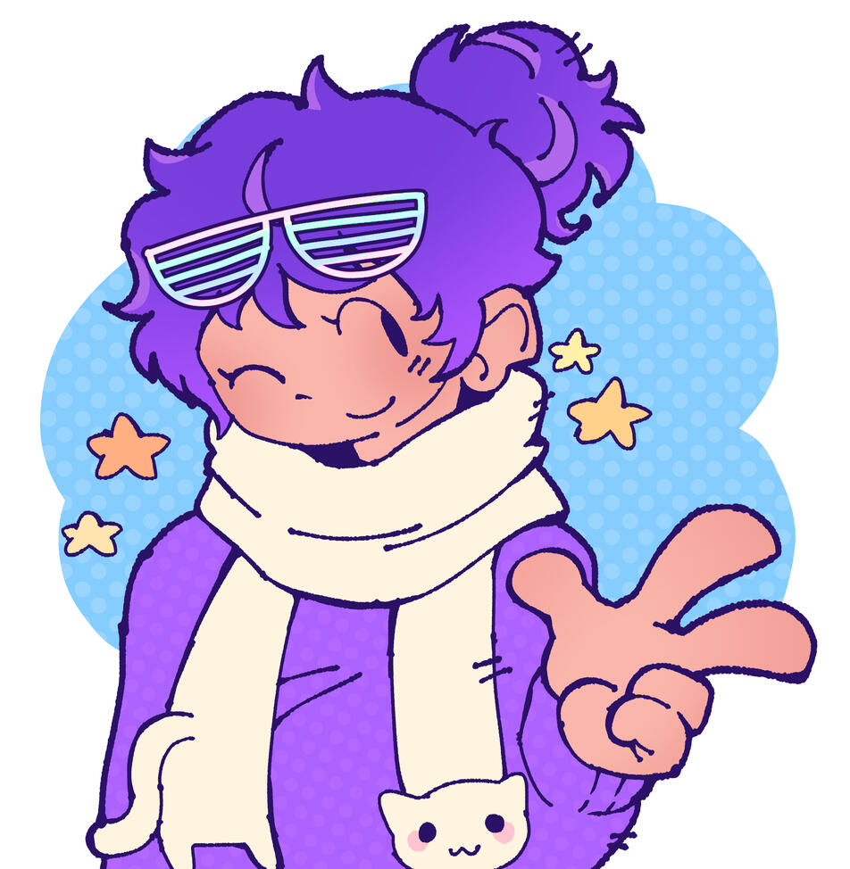 a drawing of the Roblox admin Brighteyes. She is winking and doing the peace sign