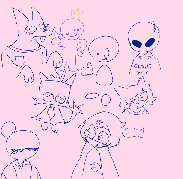 a bunch of characters: a catgirl, an alien, purple stickfigure with a crown, a wolf furry, a boxcat furry thing, a stickman with a manbun, a person wearing a hood, a fish, and a character based off the default image for social media.