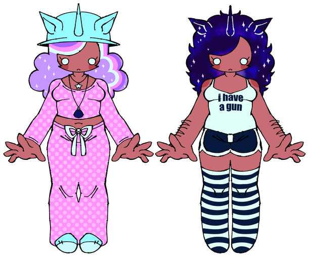 a feminine presenting darker skinned character. on the left side, they have curly, sparkly lilac hair with rainbow patterns on it. they wear polka dot pink pajamas, and a light cyan helmet with a unicorn horn and ears. on the right side, the same character, but with dark galaxy purple hair with unicorns and ears, a shirt that says i have a gun, some black and white dolphin shorts, and striped, black and white thigh high socks.