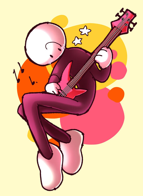 a drawing of Hatena's character: a stickfigure with black torso, arms and legs, and white hands, feet and head. he is playing the guitar