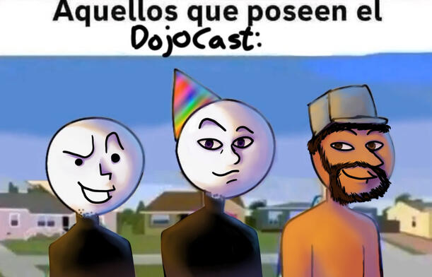 a drawing of Hatena, Hyun, and Stone with the caption above saying aquellos que poseen el dojocast